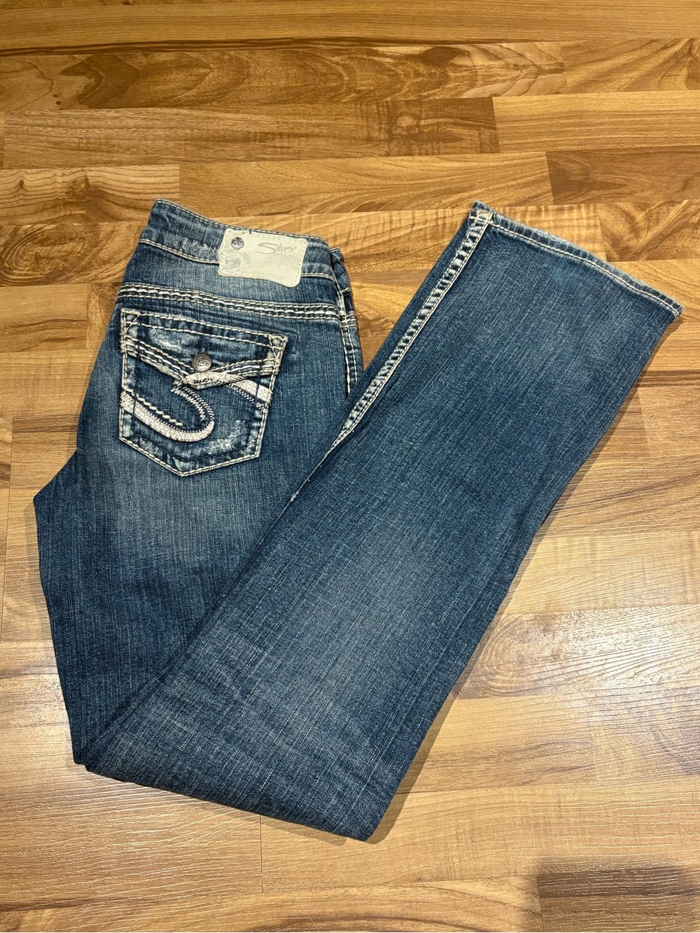 Silver Aiko Flap Bootcut Jeans Size 26 L33 Distressed Denim Ripped